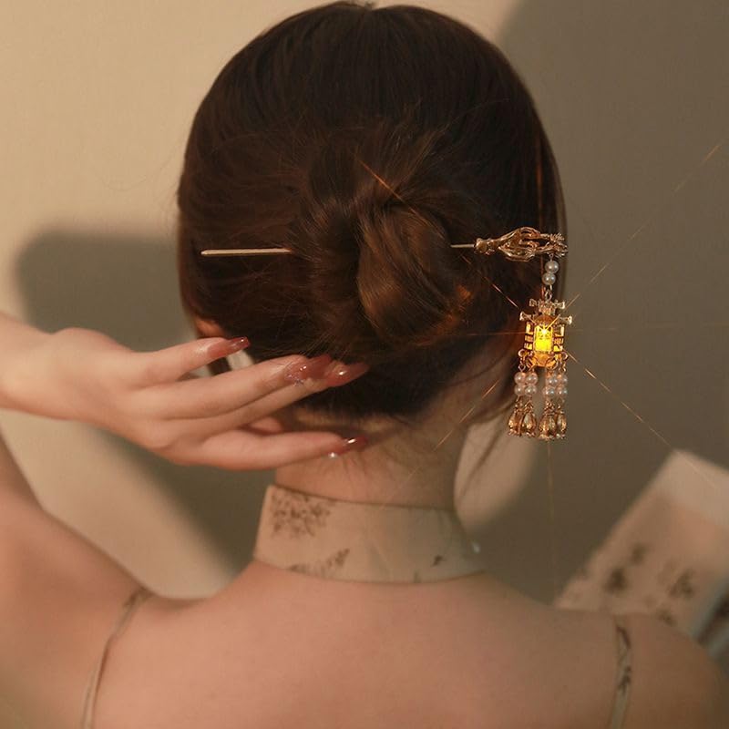 Comimark 2 PCS Ancient Style Hairpin Hair Clips Chinese Lantern Lotus Flower Tassel Headpieces For Women Girls, Ponytail Updo Bun For Thin Thick Hair - Image 3